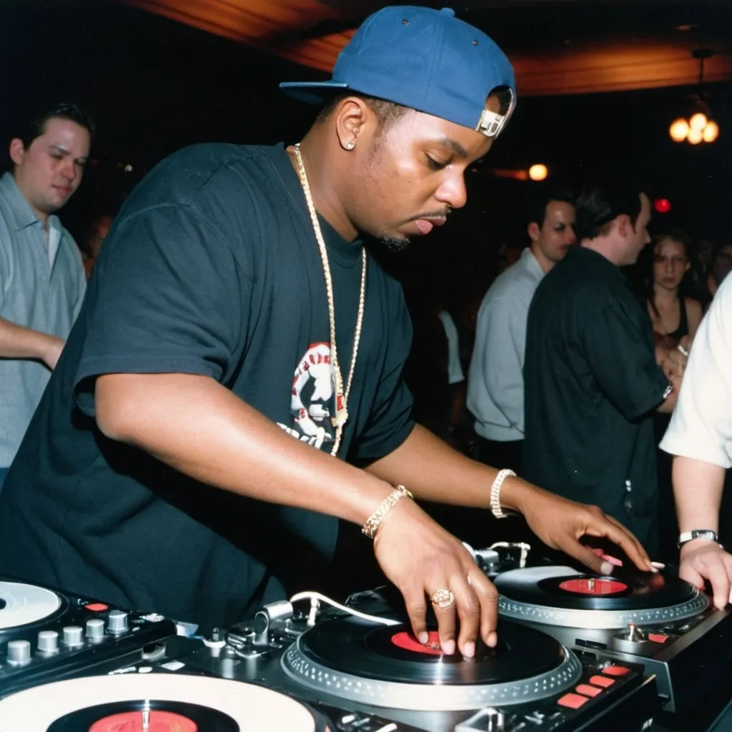 Prompt: dj rowdy ronald mixing and scratching on two turntables way too fast at the 1997 wrong way u.s.a. dj mixing finals