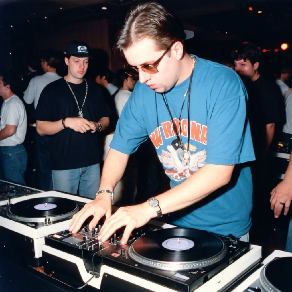 Prompt: dj jack hick mixing and scratching on two turntables way too fast at the 1992 wrong way u.s.a. dj mixing finals