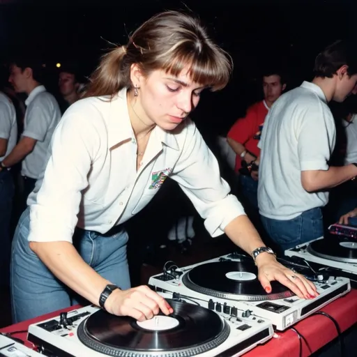 Prompt: dj irina konowalchuk, from russia mixing and scratching on two turntables way too fast at the 1990 stanton world dj mixing championships eliminations