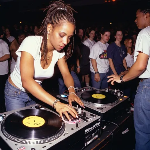 Prompt: dj coupe d. ville, female dj mixing and scratching on two turntables way too fast at the 1997 wrong way u.s.a. dj mixing finals