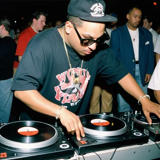 Prompt: dj mixin' villain mixing and scratching on two turntables way too fast at the 1996 wrong way u.s.a. dj mixing finals