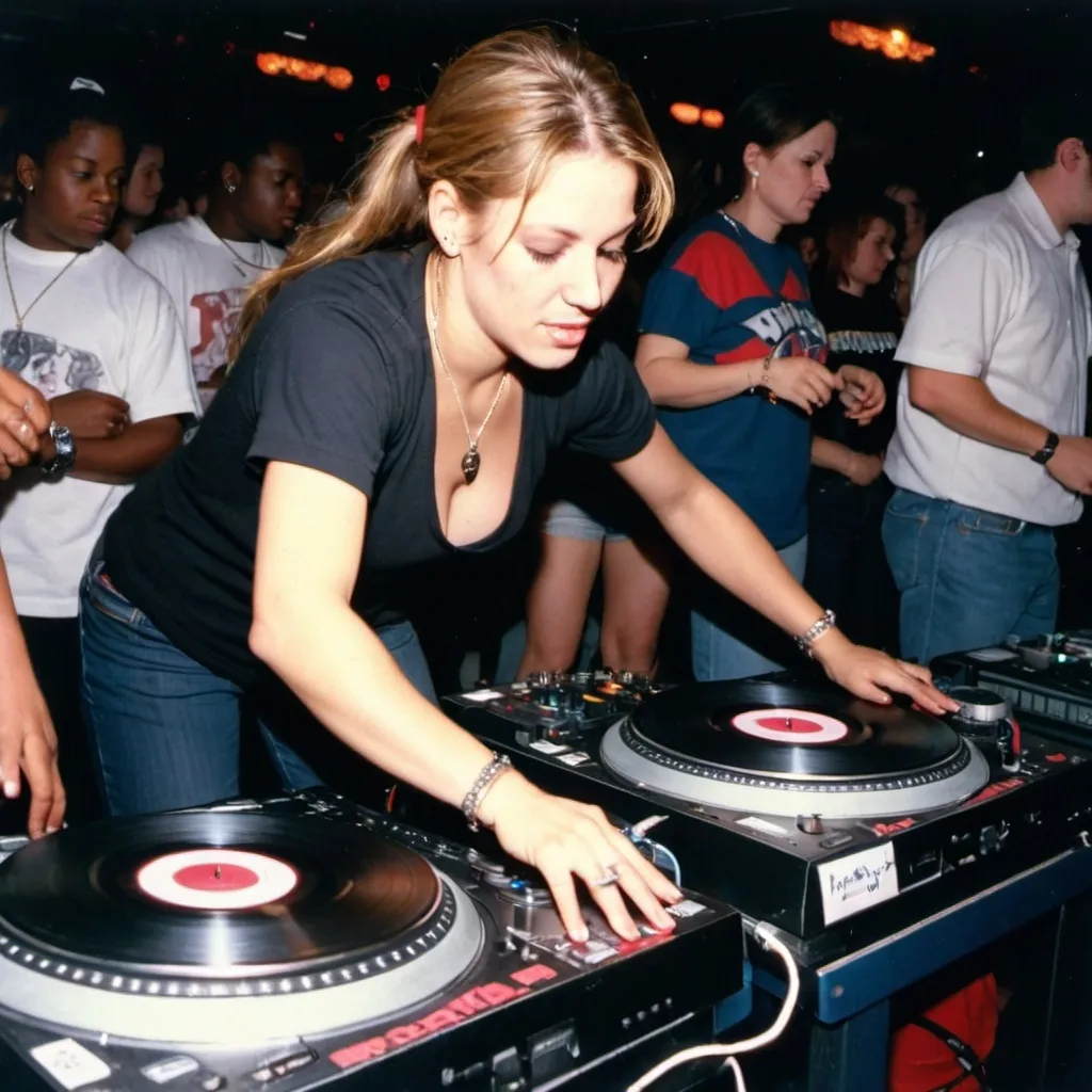 Prompt: dj wicked mix, female dj mixing and scratching on two turntables way too fast at the 1997 wrong way u.s.a. dj mixing finals