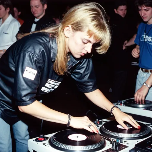 Prompt: dj salka kortsdottir , female dj from iceland mixing and scratching on two turntables way too fast at the 1990 stanton world dj mixing championships eliminations