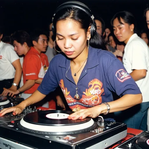 Prompt: dj wenanita angang , female dj from malaysia mixing and scratching on two turntables way too fast at the 1990 stanton world dj mixing championships eliminations