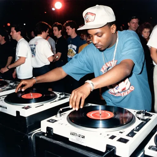 Prompt: dj butcher brown mixing and scratching on two turntables way too fast at the 1990 wrong way u.s.a dj mixing finals