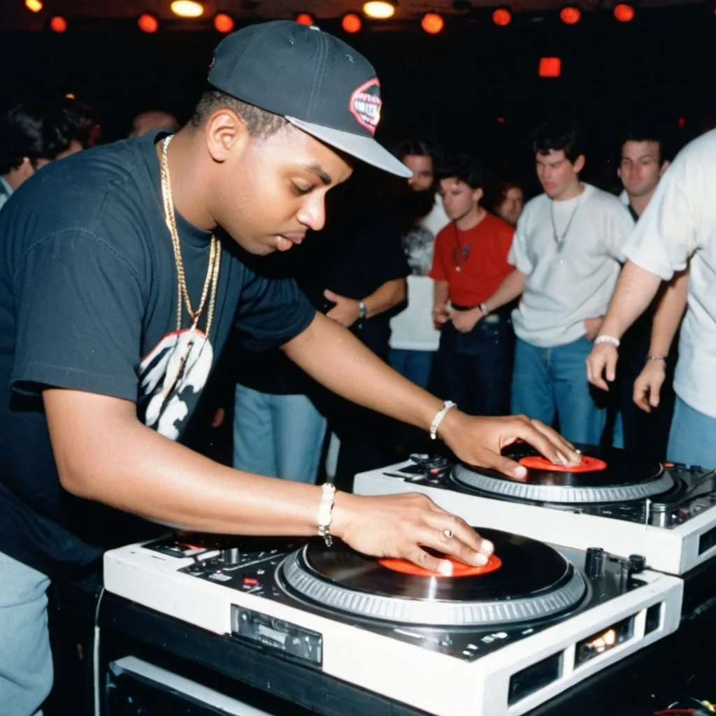 Prompt: dj kid quick mixing and scratching on two turntables way too fast at the 1990 wrong way u.s.a dj mixing finals