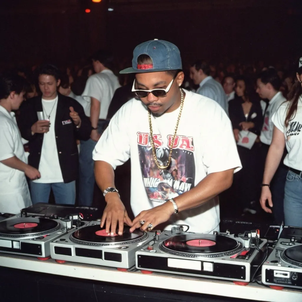 Prompt: dj chester chinalord mixing and scratching on two turntables way too fast at the 1991 wrong way dj u.s.a. finals