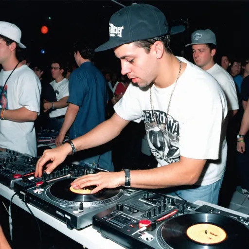 Prompt: dj brutalizer mixing and scratching on two turntables way too fast at the 1990 wrong way u.s.a dj mixing finals