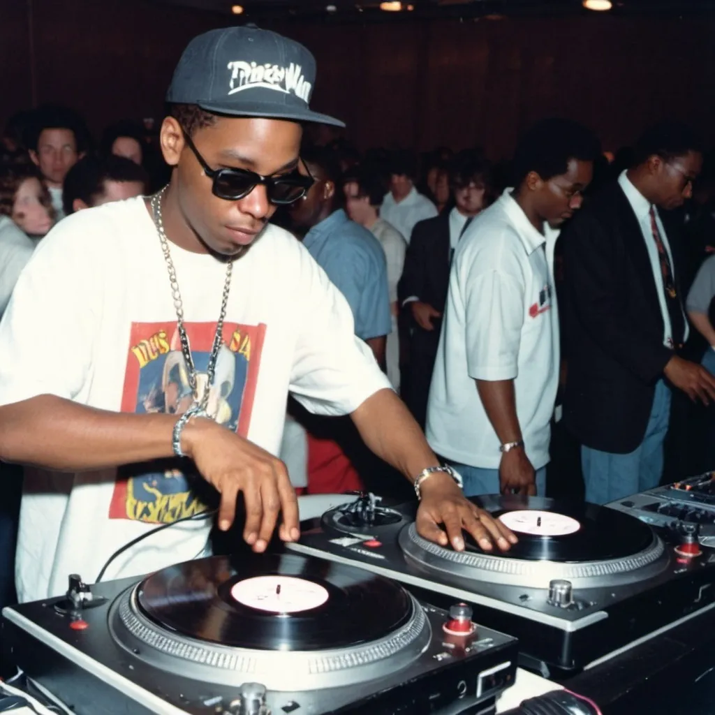 Prompt: dj king slender mixing and scratching on two turntables way too fast at the 1990 wrong way u.s.a. dj mixing finals