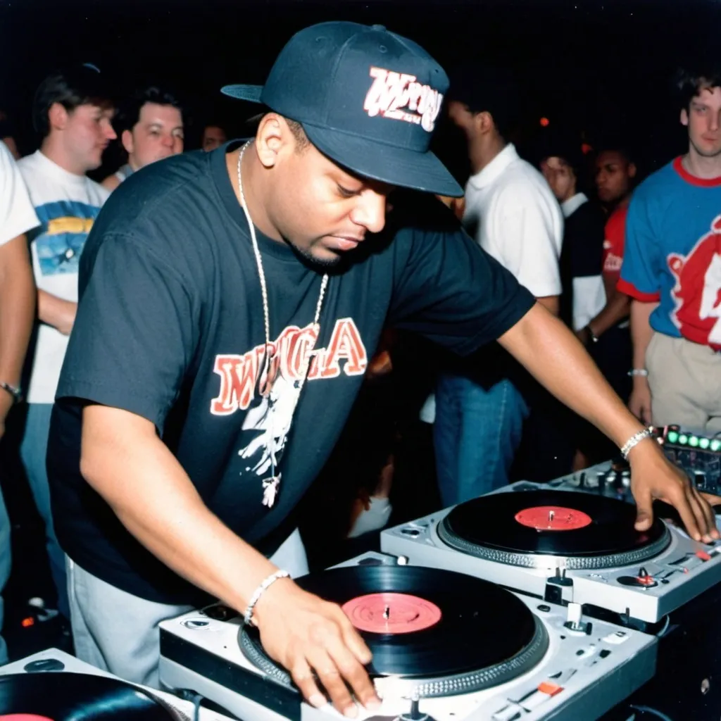 Prompt: dj mr. scribbles mixing and scratching on two turntables way too fast at the 1992 wrong way dj u.s.a. finals