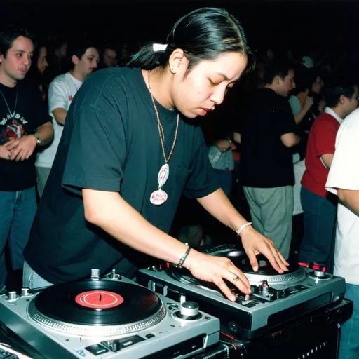 Prompt: dj dark sakura mixing and scratching on two turntables way too fast at the 1998 wrong way u.s.a. dj mixing finals