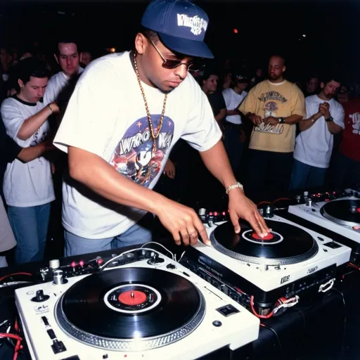 Prompt: dj joe cool b mixing and scratching on two turntables way too fast at the 1996 wrong way u.s.a. dj mixing finals