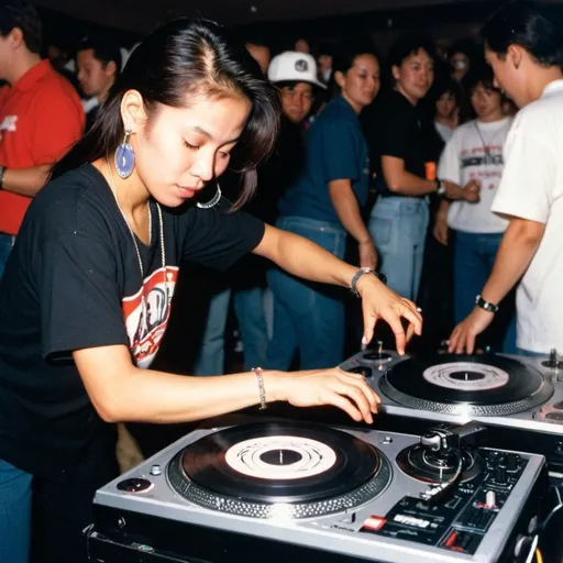 Prompt: dj cassandra kulubot from philippines mixing and scratching on two turntables way too fast at the 1990 stanton world dj mixing championships eliminations