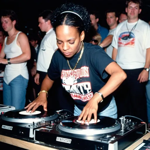 Prompt: dj sapphire campbell from the united kingdom mixing and scratching on two turntables way too fast at the 1990 stanton world dj mixing championships eliminations