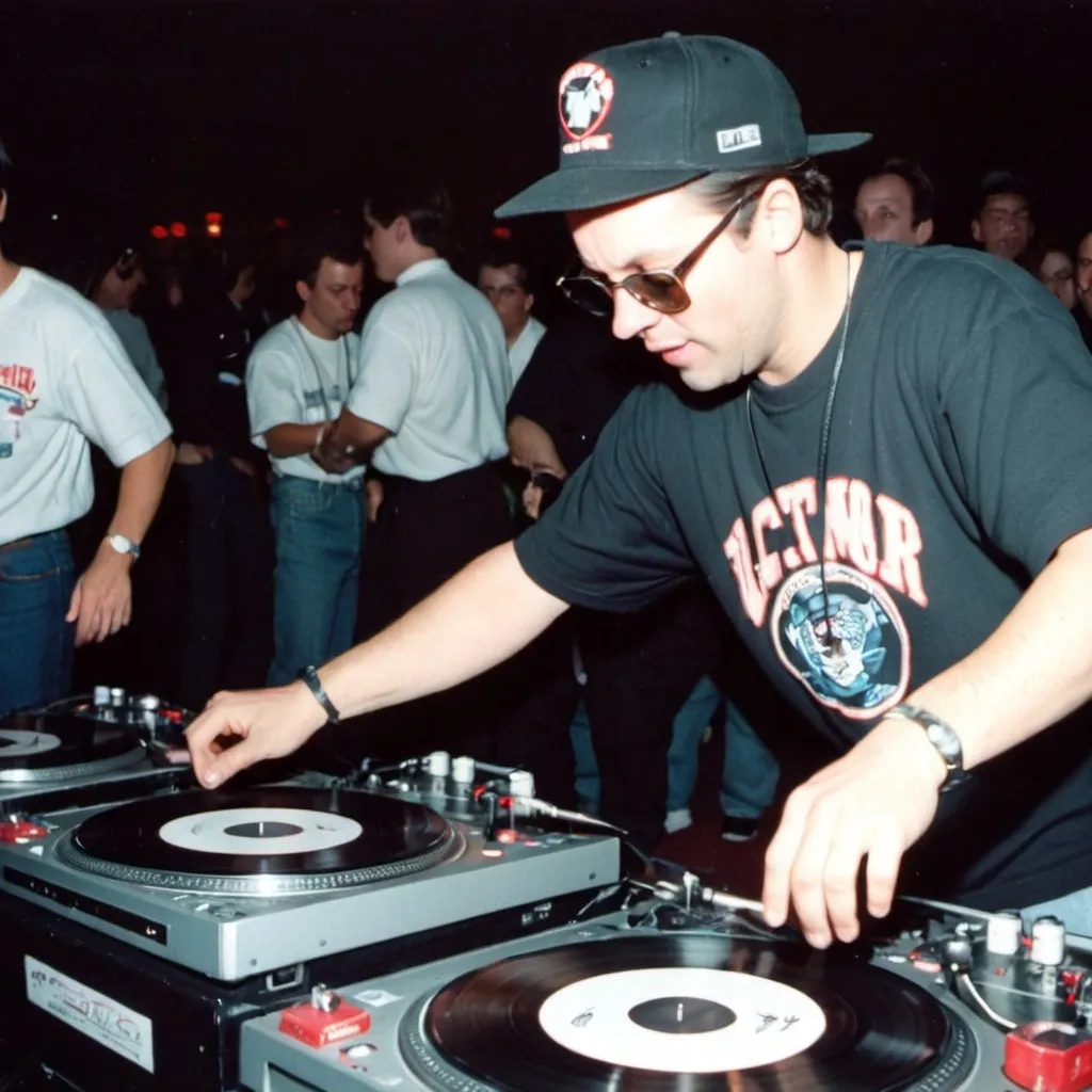 Prompt: dj tomor schneider mixing and scratching on two turntables way too fast at the 1991 wrong way dj u.s.a. finals