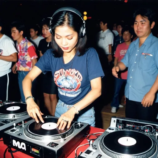 Prompt: dj anootsara changplook, female dj from thailand mixing and scratching on two turntables way too fast at the 1990 stanton world dj mixing championships eliminations