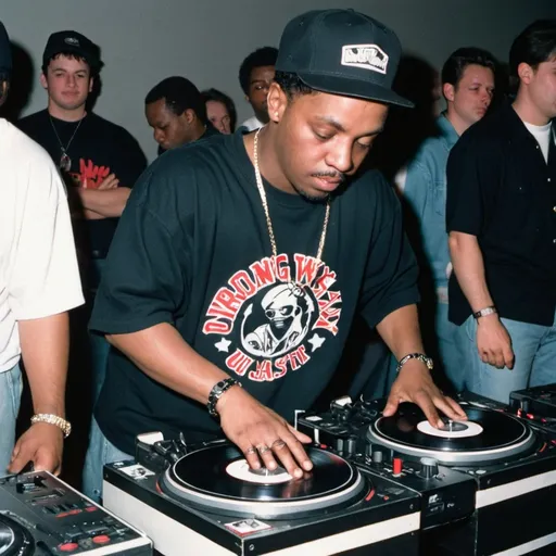 Prompt: dj ermac hornbuckle mixing and scratching on two turntables way too fast at the 1992 wrong way u.s.a. dj mixing finals