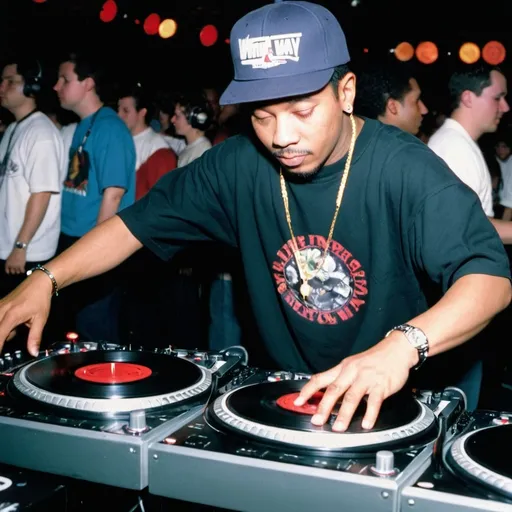 Prompt: dj invincible dragon mixing and scratching on two turntables way too fast at the 1998 wrong way u.s.a. dj mixing finals