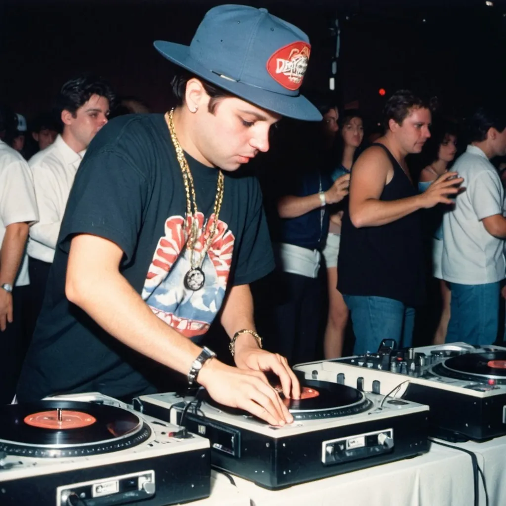 Prompt: dj disco kid mixing and scratching on two turntables way too fast at the 1992 wrong way u.s.a. dj mixing finals