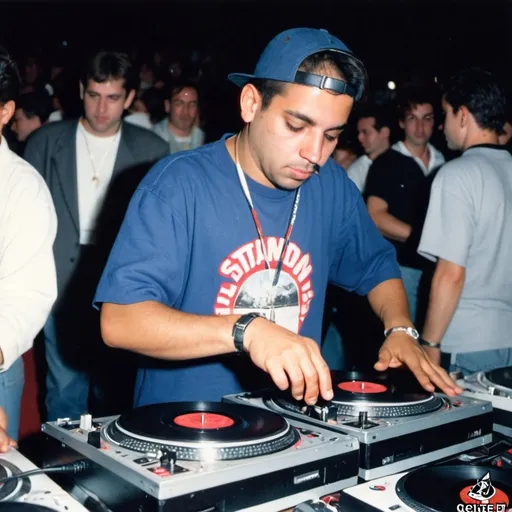 Prompt: dj roman freixa from cuba mixing and scratching on two turntables way too fast at the 1990 stanton world dj mixing championships eliminations