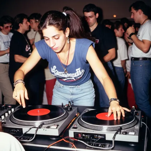 Prompt: dj sara yedidyah from israel mixing and  scratching on two turntables at the 1990 stanton world dj mixing championships eliminations