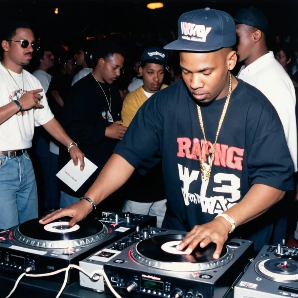 Prompt: dj brother rampage mixing and scratching on two turntables extremely too fast at the 1994 wrong way u.s.a dj mixing finals