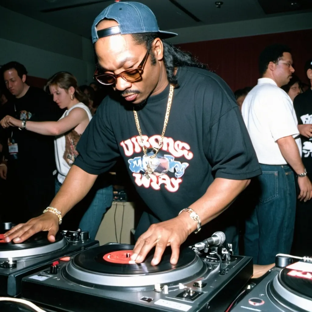 Prompt: dj sho' nuff mixing and scratching on two turntables way too fast at the 1996 wrong way u.s.a. dj mixing finals