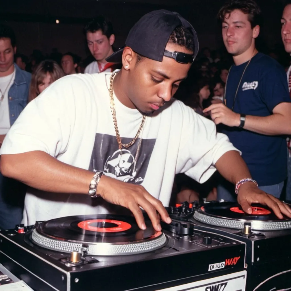 Prompt: dj sw7 destroyer mixing and scratching on two turntables way too fast at the 1992 wrong way dj u.s.a. finals