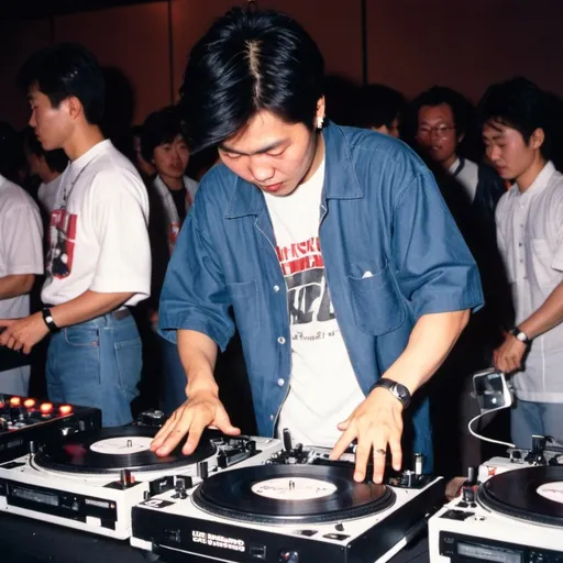 Prompt: dj ng cheuk kei from hong kong mixing and scratching on two turntables way too fast at the 1990 stanton world dj mixing championships eliminations