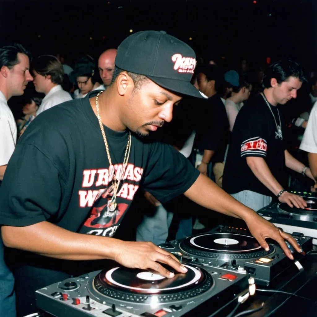 Prompt: dj red hot ryder mixing and scratching on two turntables way too fast at the 1996 wrong way u.s.a. dj mixing finals