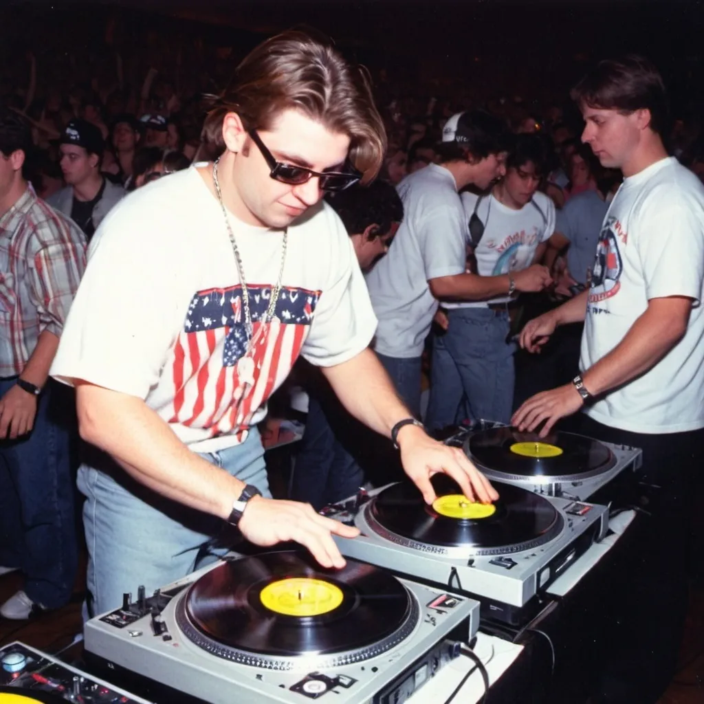 Prompt: dj chad stump mixing and scratching on two turntables way too fast at the 1991 wrong way dj u.s.a. finals