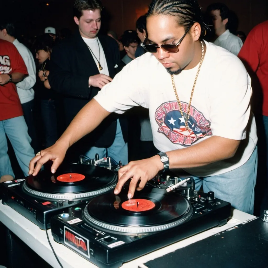 Prompt: dj sunny friendly mixing and scratching on two turntables way too fast at the 1997 wrong way u.s.a. dj mixing finals