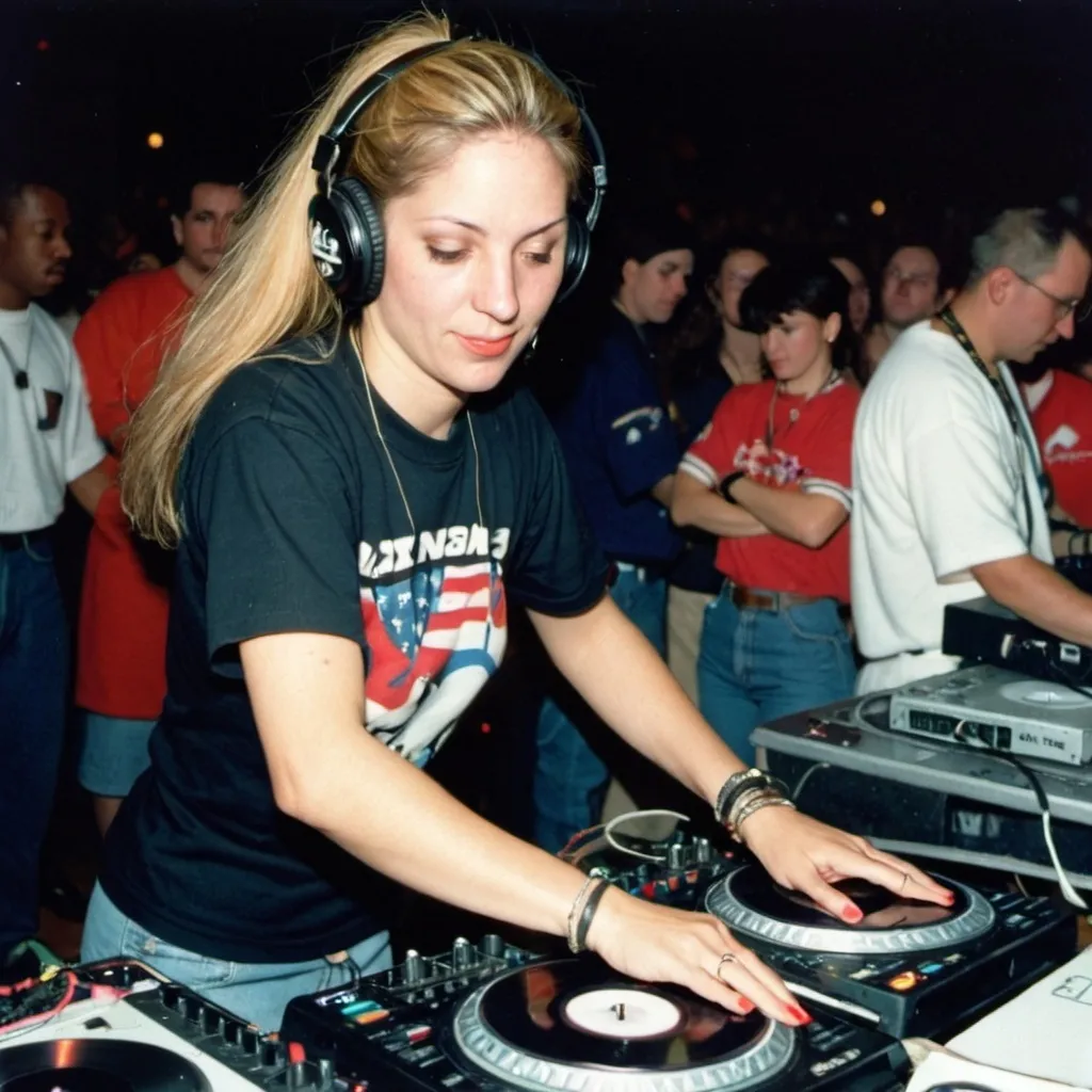 Prompt: dj spiral, female dj at the 1995 wrong way u.s.a. dj mixing finals