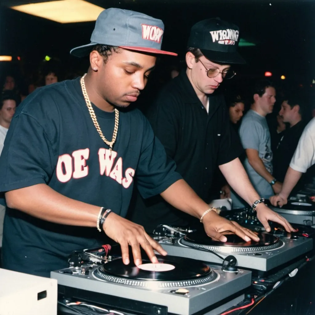 Prompt: dj f.a.s. mixing and scratching on two turntables way too fast at the 1992 wrong way u.s.a. dj mixing finals