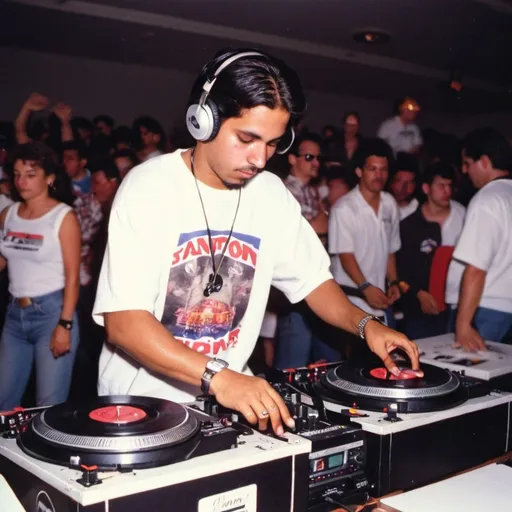 Prompt: dj juan diego lain from panama mixing and scratching on two turntables way too fast at the 1990 stanton world dj mixing championships eliminations