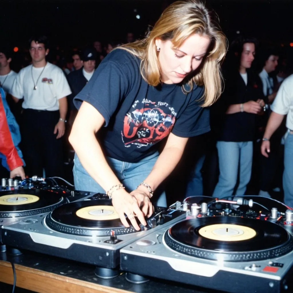 Prompt: dj lisa hick mixing and scratching on two turntables way too fast at the 1992 wrong way u.s.a. dj mixing finals