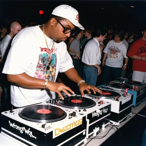 Prompt: dj big galaga d mixing and scratching on two turntables way too fast at the 1997 wrong way u.s.a. dj mixing finals