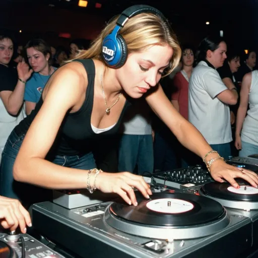 Prompt: dj hot corner, female dj mixing and scratching on two turntables way too fast at the 1998 wrong way u.s.a. dj mixing finals