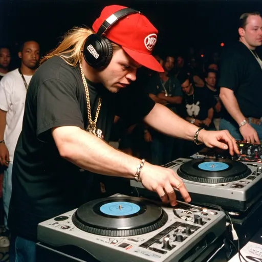 Prompt: dj omega red at the 1995 wrong way u.s.a. dj mixing finals