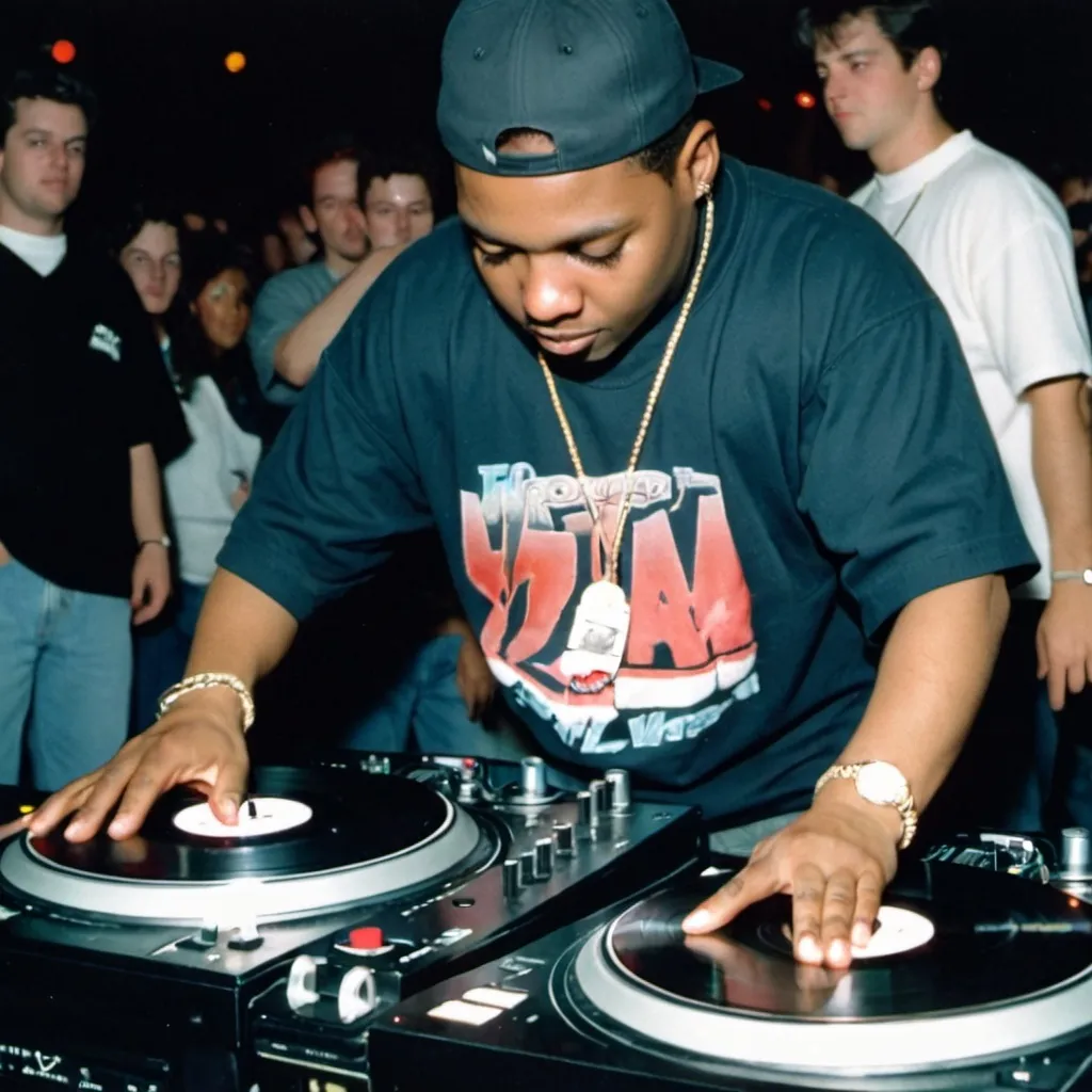 Prompt: dj kid quick mixing and scratching on two turntables way too fast at the 1992 wrong way u.s.a. dj mixing finals