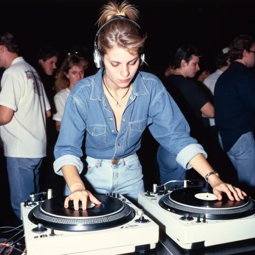 Prompt: dj emmi hartwich from germany mixing and  scratching on two turntables at the 1990 stanton world dj mixing championships eliminations