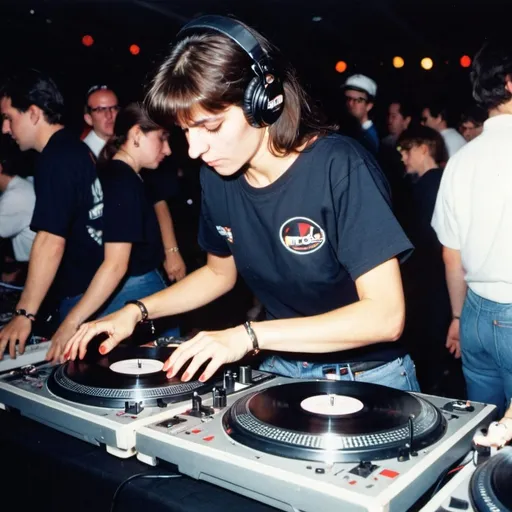 Prompt: dj ginette boutroux from france mixing and scratching on two turntables way too fast at the 1990 stanton world dj mixing championships eliminations