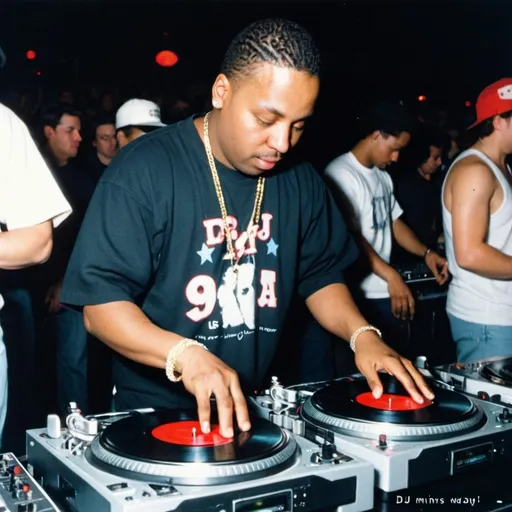 Prompt: dj boo urns mixing and scratching on two turntables way too fast at the 1991 wrong way u.s.a. dj mixing finals