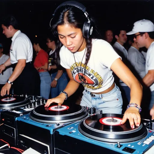 Prompt: dj keikilani iokua, female dj from hawaii mixing and scratching on two turntables way too fast at the 1990 stanton world dj mixing championships eliminations