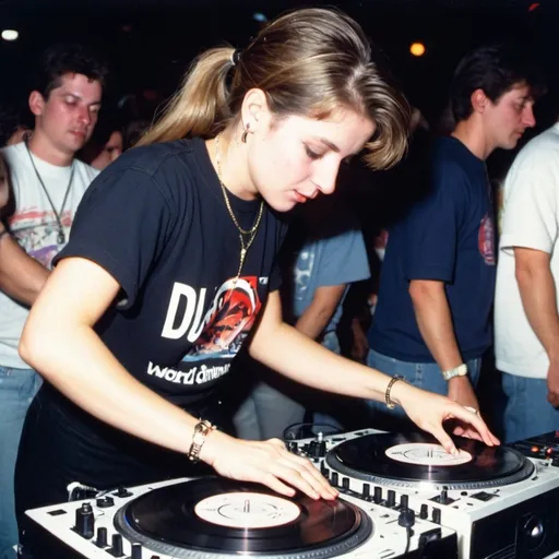 Prompt: dj kylie peters from canada mixing and  scratching on two turntables at the 1990 stanton world dj mixing championships eliminations