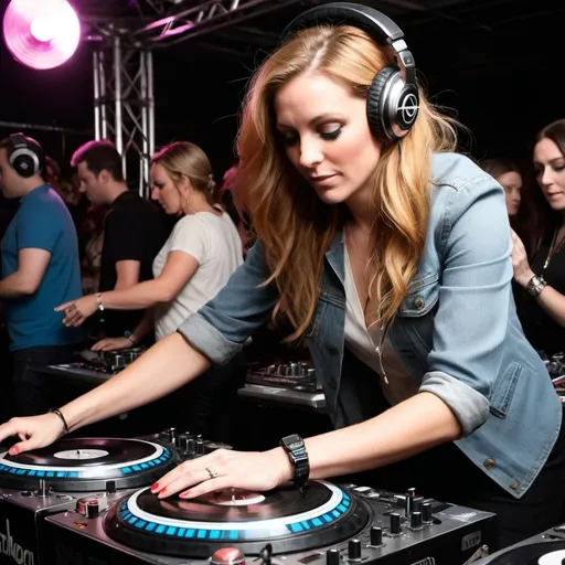 Prompt: dj zoe salmon mixing and scratching on two turntables extremely too fast at the wheels of silken steel celebrity ladies' dj mixing battleground