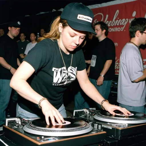 Prompt: dj shadow lady mixing and scratching on two turntables way too fast at the 1998 wrong way u.s.a. dj mixing finals