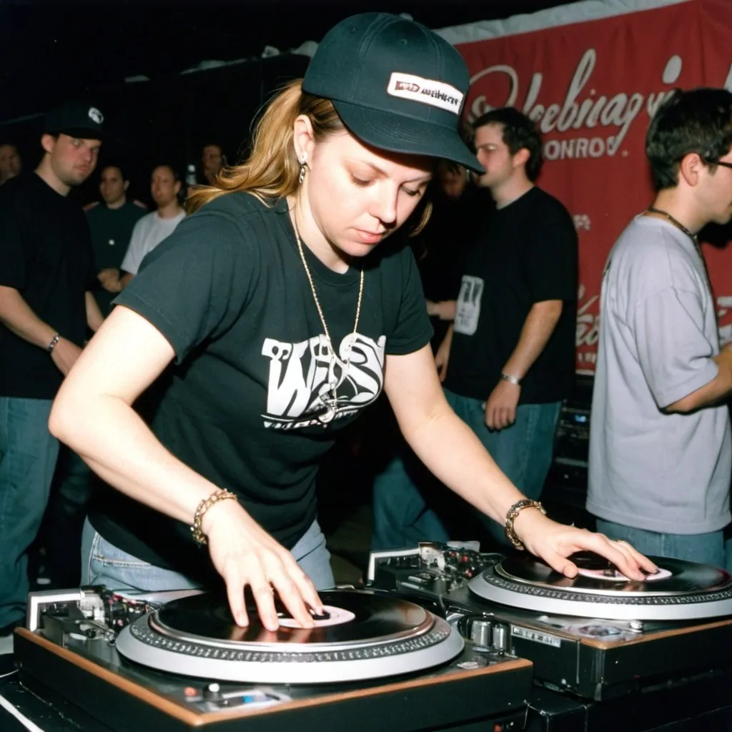 Prompt: dj shadow lady mixing and scratching on two turntables way too fast at the 1998 wrong way u.s.a. dj mixing finals