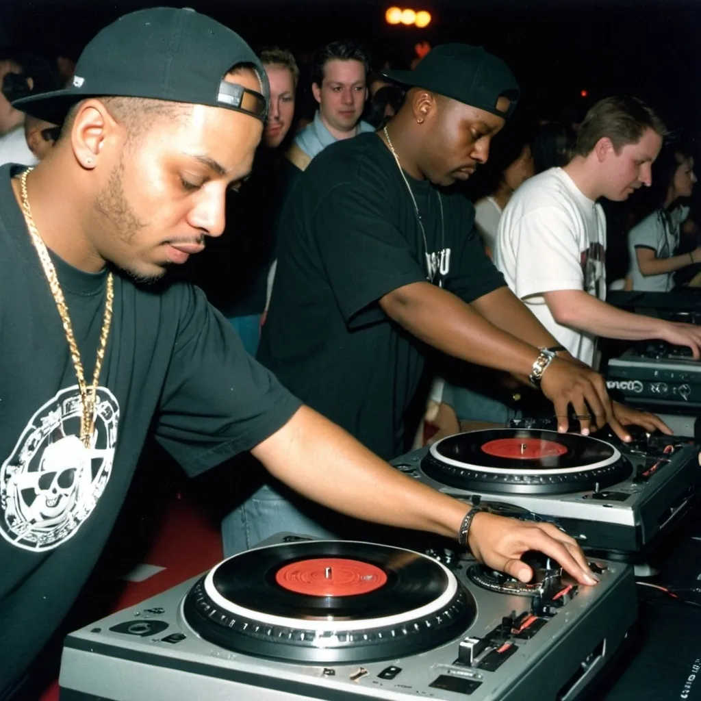 Prompt: dj legion mixing and scratching on two turntables way too fast at the 1998 wrong way u.s.a. dj mixing finals