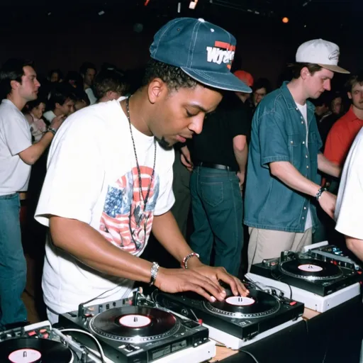 Prompt: dj fever friction mixing and scratching on two turntables way too fast at the 1991 wrong way u.s.a. dj mixing finals